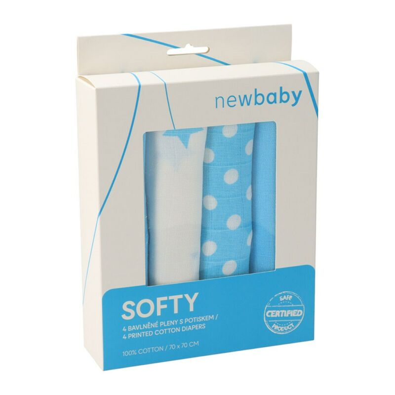 Pamut tetra pelenka New Baby Softy nyomtatott mintával  70 x 70 cm 4 db fehér-türkiz (a csomagolás sérült)