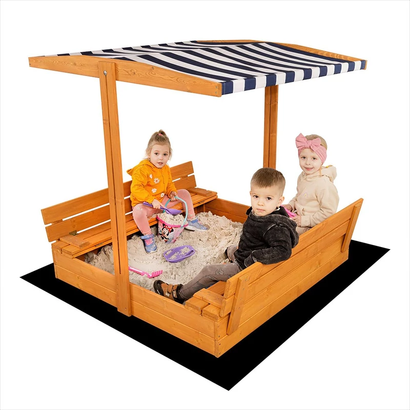 Zárható fa homokozó padokkal és tetővel gyerekeknek Baby Mix 120x120 cm