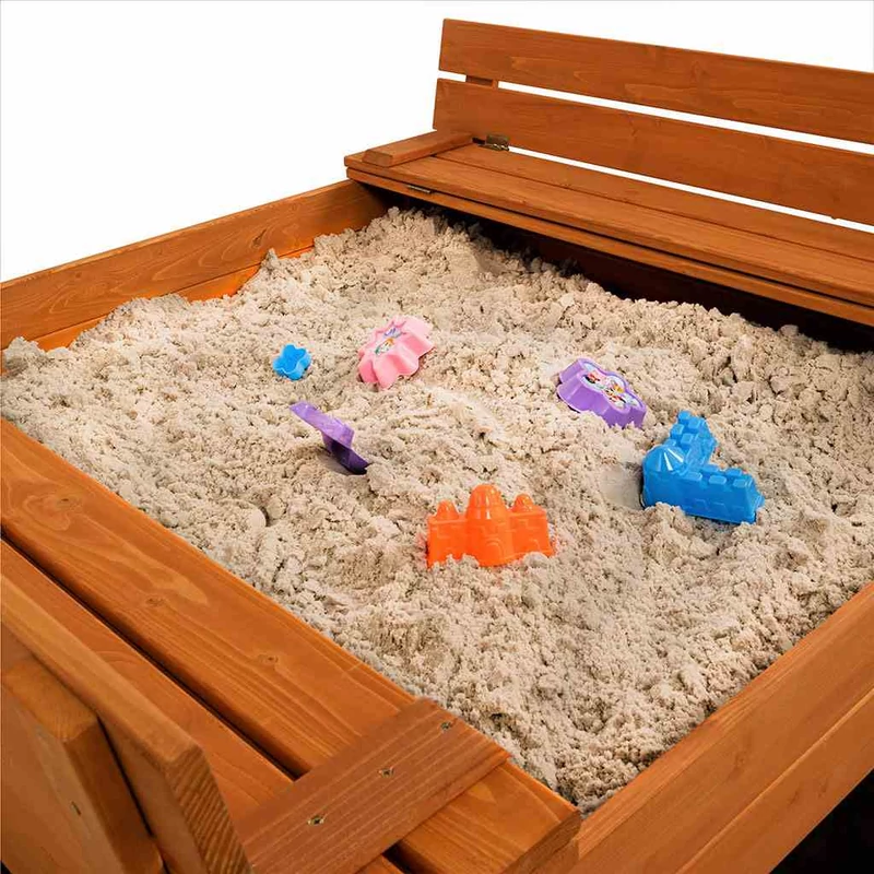 Zárható fa homokozó padokkal és tetővel gyerekeknek Baby Mix 120x120 cm szürke
