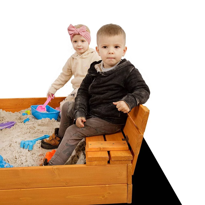 Zárható fa homokozó padokkal és tetővel gyerekeknek Baby Mix 120x120 cm szürke